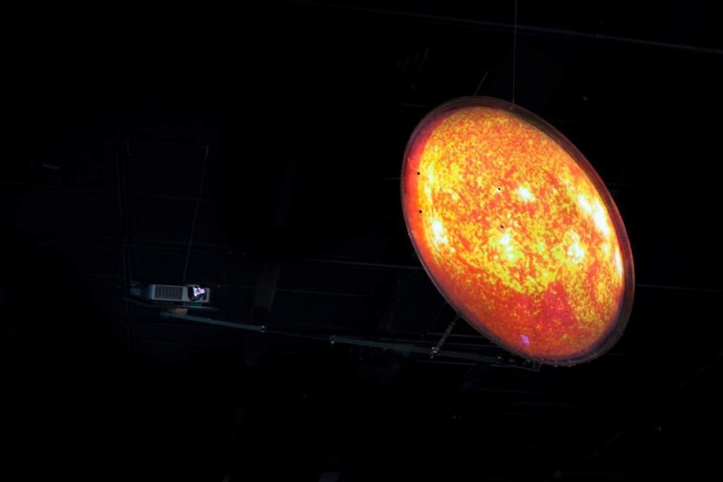 Live feed of the sun retro-projected with a beamer on a semi-transparent satellite dish, 2014