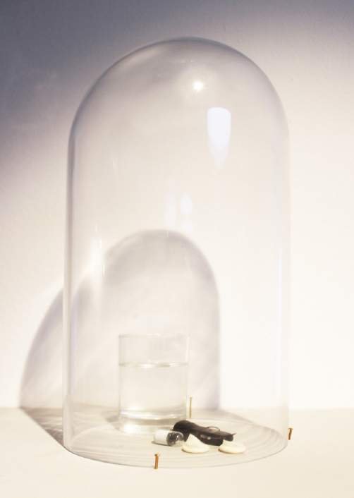 InnerRhythms installation – glass bell, glass of water, finger condoms, camera and Bluetooth – ‘Interactive Reality Exhibition’, De Brakke Grond & IDFA DocLab, Amsterdam, 2013